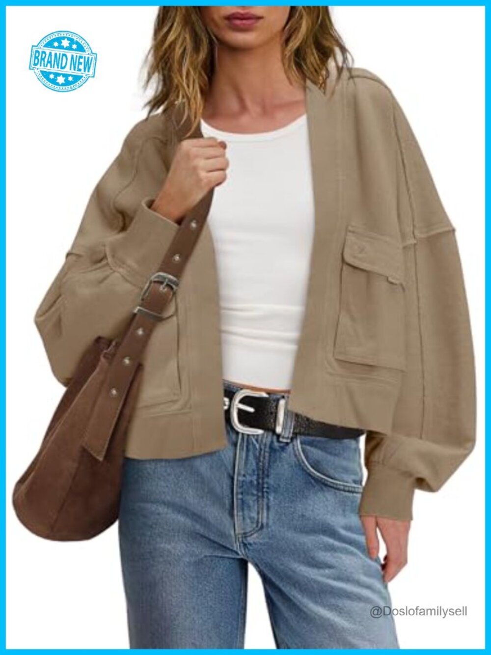 Womens Oversized Cropped Cardigan Batwing Sleeve Open Front Sweatshirt
